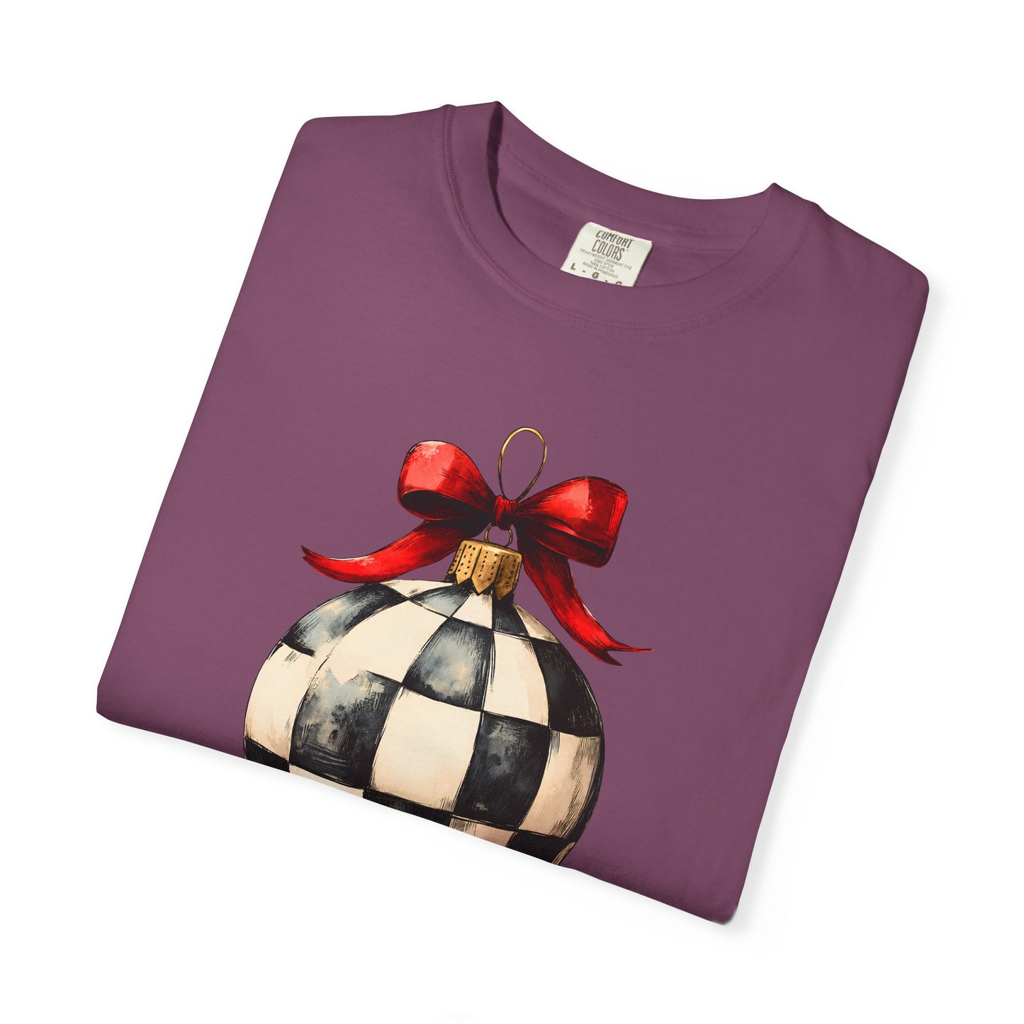 Checkerboard Ornament T-Shirt — Holiday Ball with Red Bow