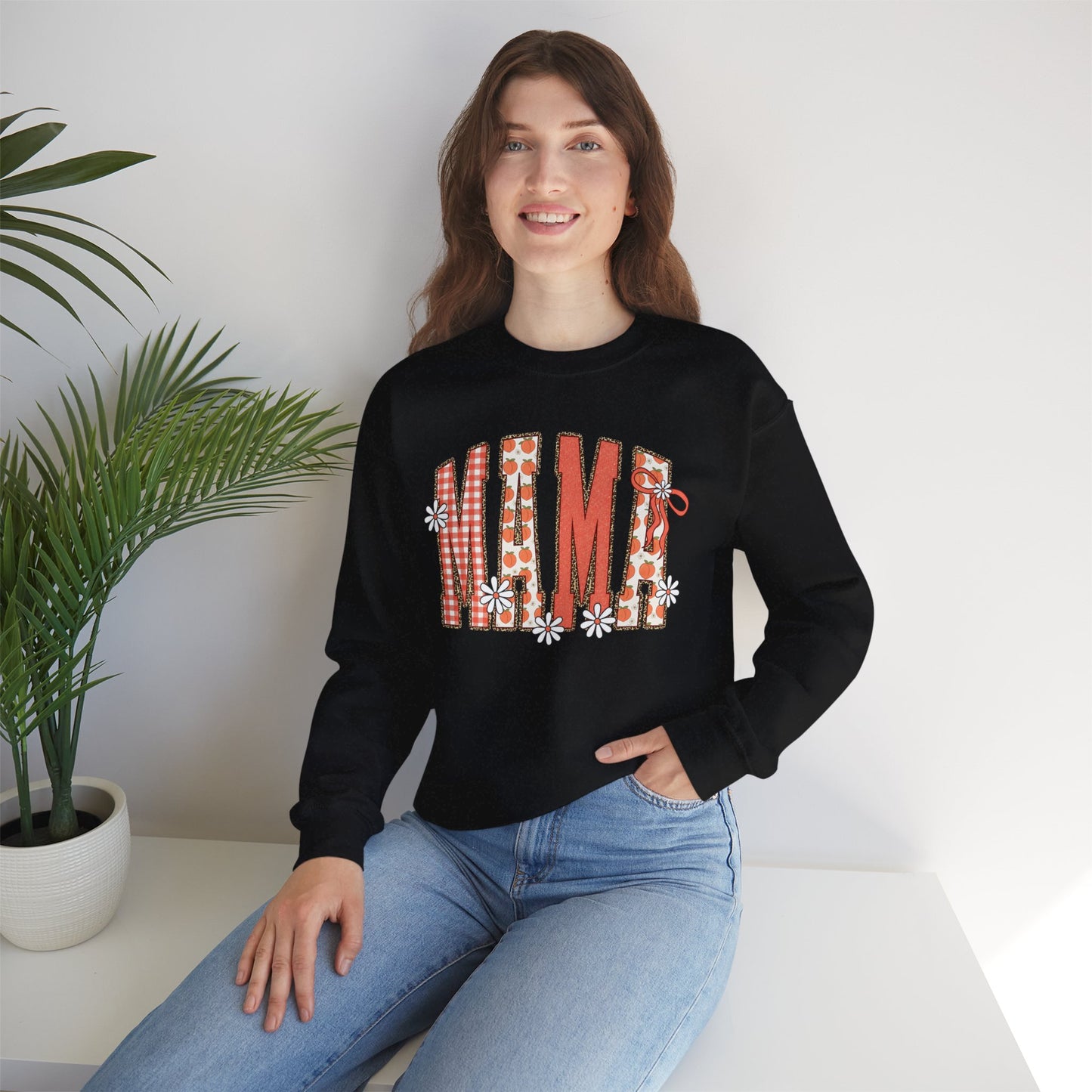 Daisy Peach MAMA Floral Sweatshirt • Spring Graphic Crew • Peach Gingham Mom pullover • Feminine Boutique Everyday Outfit