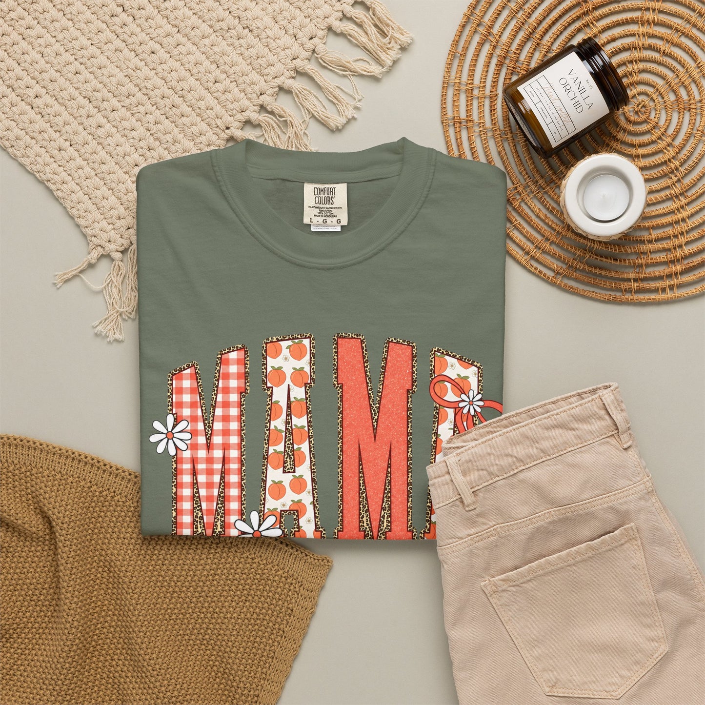 Daisy Peach MAMA Floral Shirt • Spring Graphic Tee • Peach Gingham Mom Shirt • Feminine Boutique Everyday Outfit