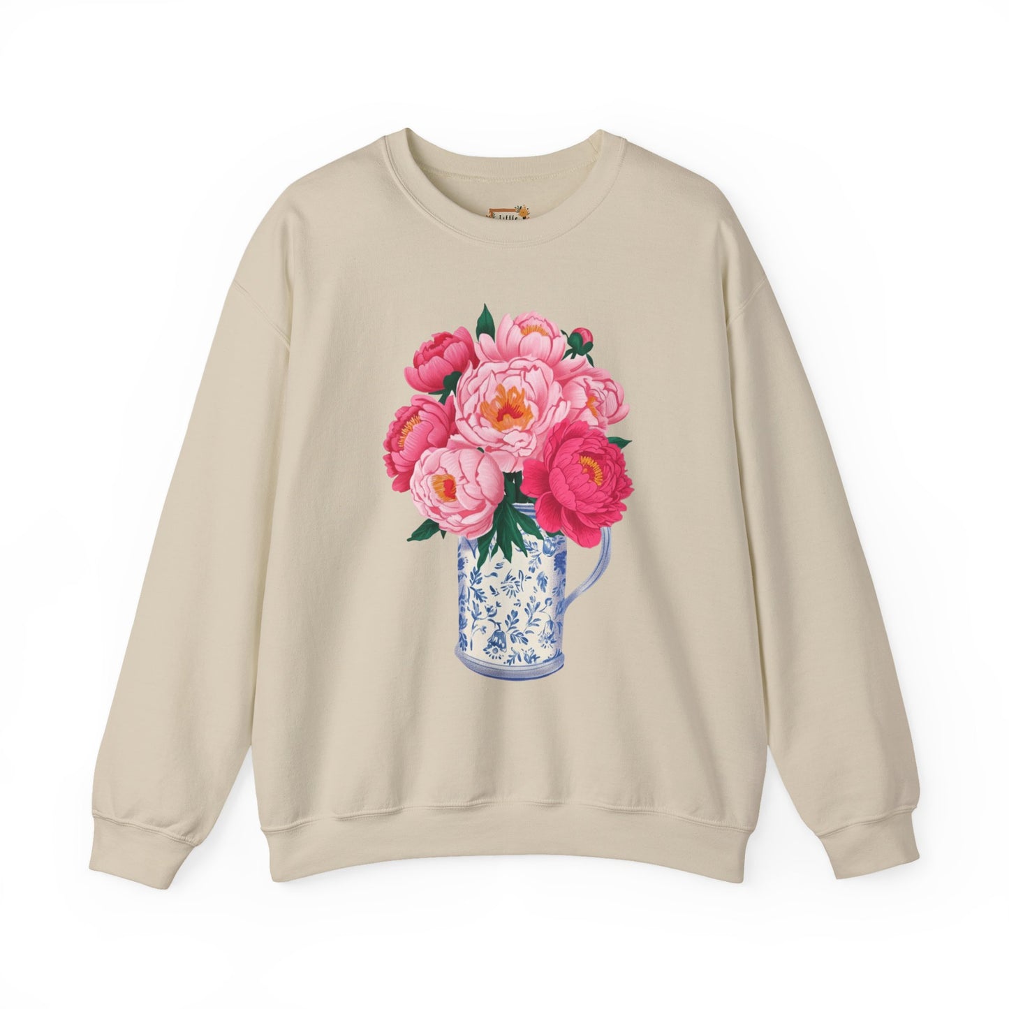 Pink Peonies in Blue Vintage Vase Floral Sweatshirt • Cottagecore Garden Bouquet Crewneck • Botanical Apparel