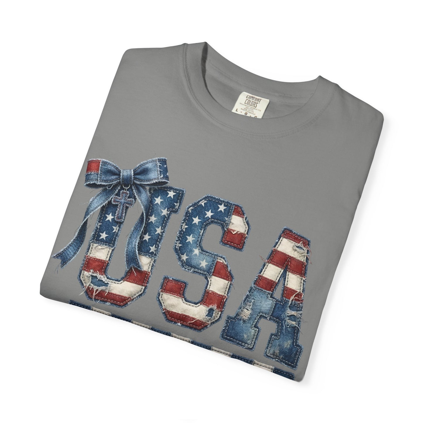 USA Patchwork Denim T-Shirt • Red White Blue Coquette Bow Tee • Americana Graphic Shirt