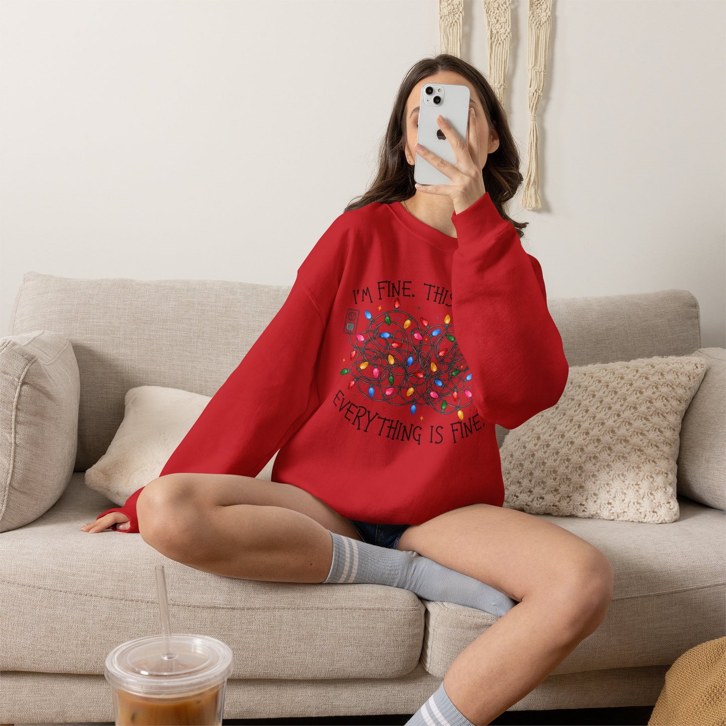 Crewneck Sweatshirt — "I'm Fine. This is Fine. Everything is Fine." Holiday Lights Design