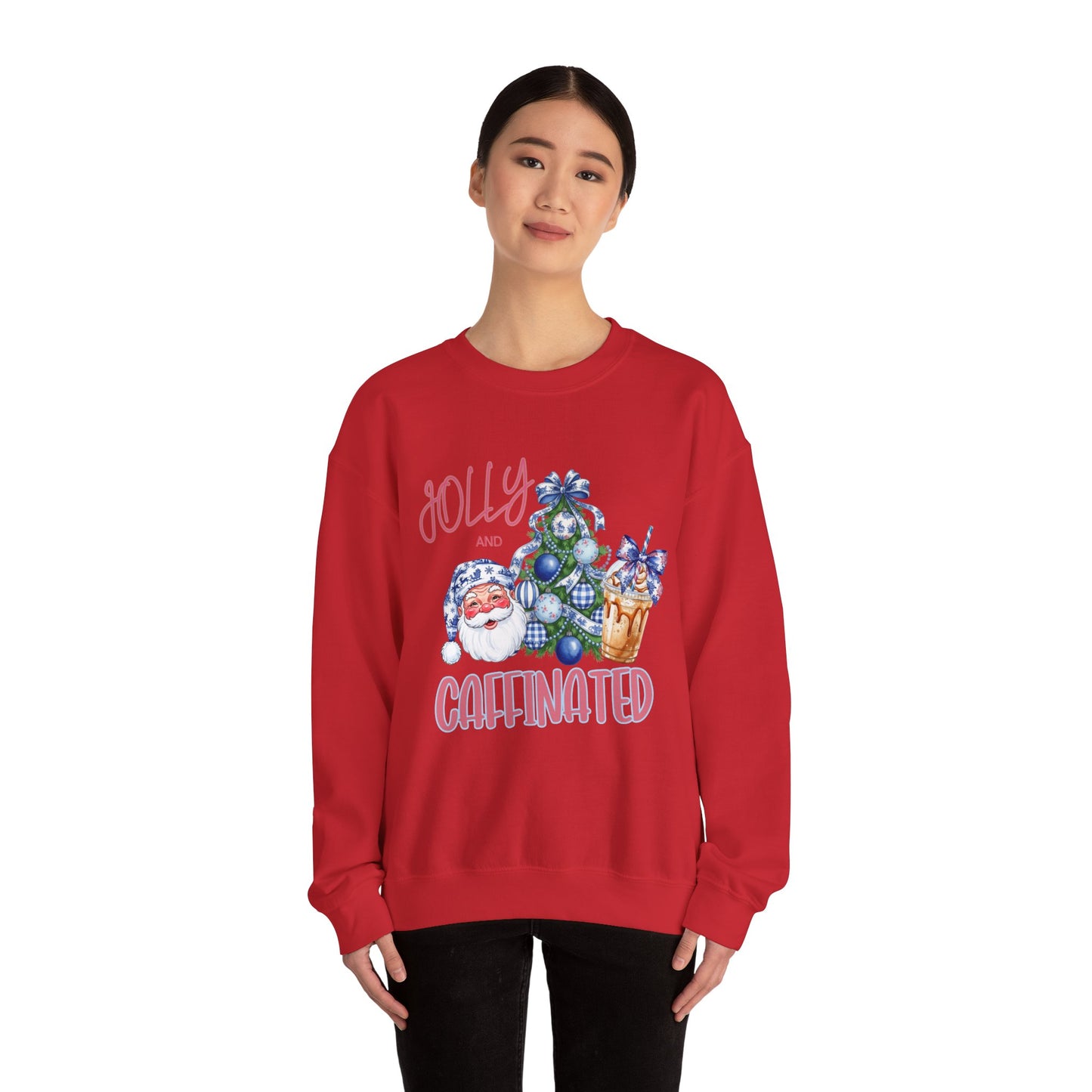 Jolly and Caffeinated Sweatshirt - Cozy Holiday Crewneck for Christmas, Winter, Gift, Festive Wear, Comfy Apparel