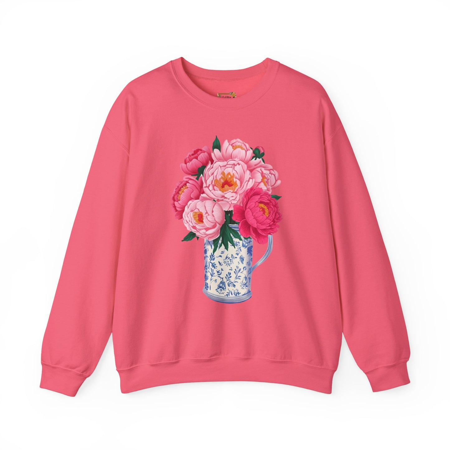 Pink Peonies in Blue Vintage Vase Floral Sweatshirt • Cottagecore Garden Bouquet Crewneck • Botanical Apparel
