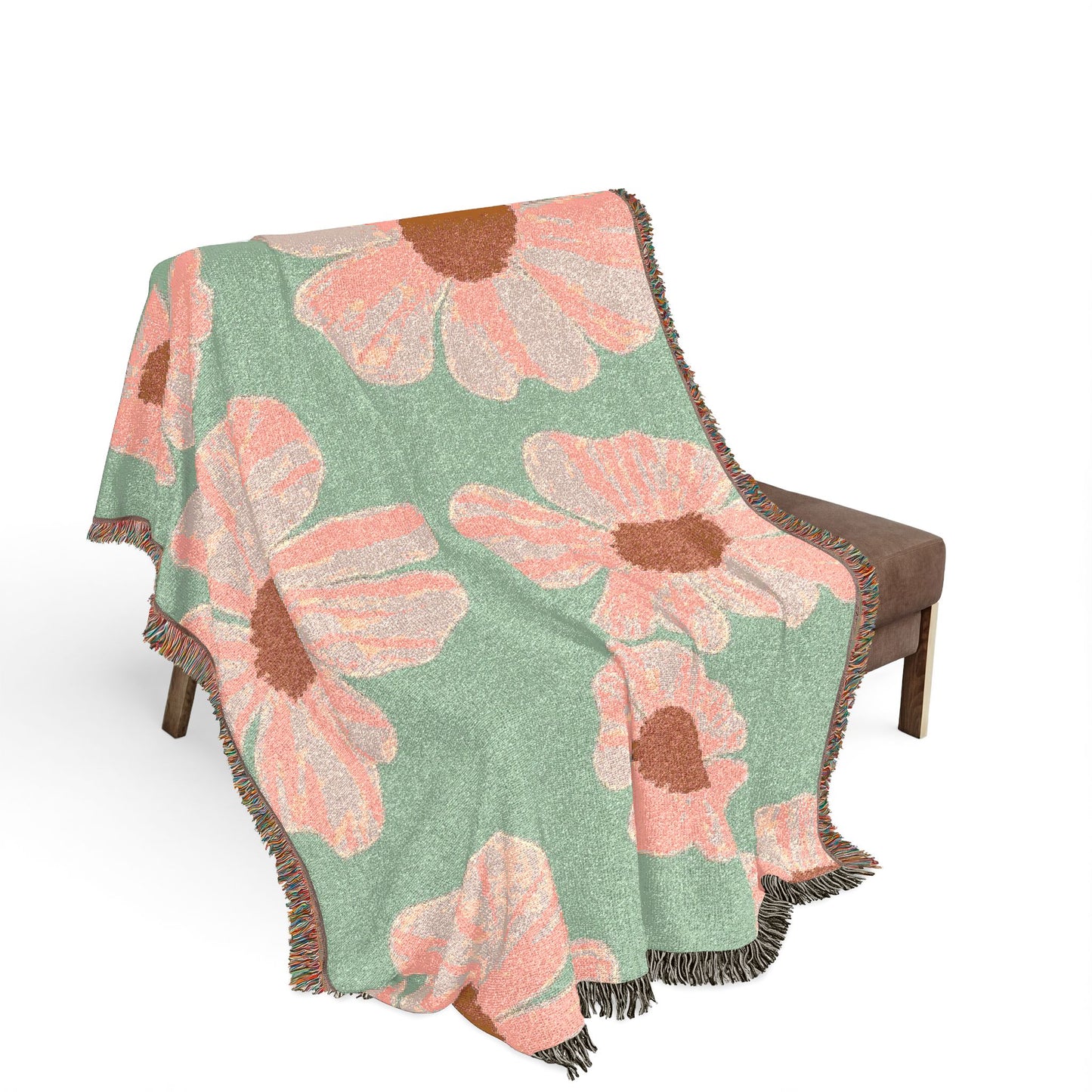Vintage Retro Floral Woven Blanket — Pink Flowers on Green Background, Cozy Throw for Bedroom & Living Room