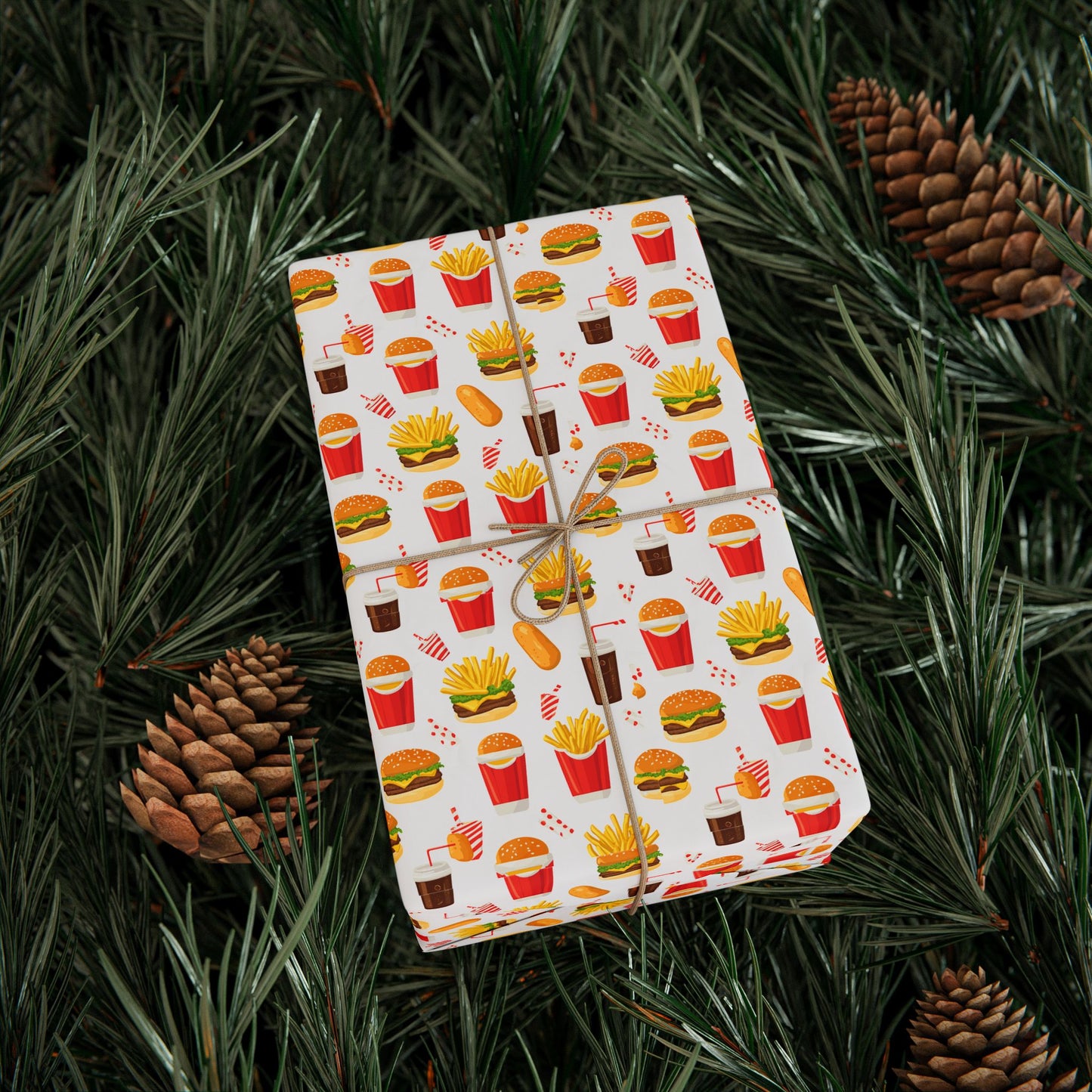 Fast Food Wrapping Paper | Retro Burger Fries Soda Pattern | Red Yellow Diner Print | Fun Gift Wrap for Food Lovers