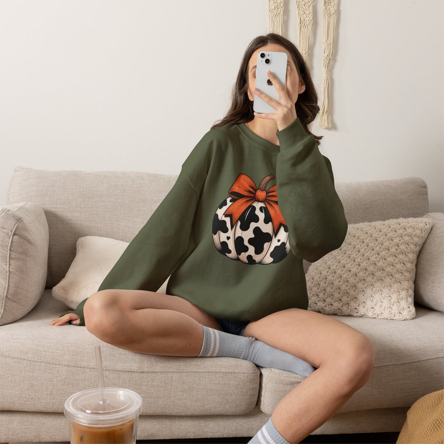 Cow print Pumpkin Sweatshirt — Halloween Fall Crewneck with Orange Bow