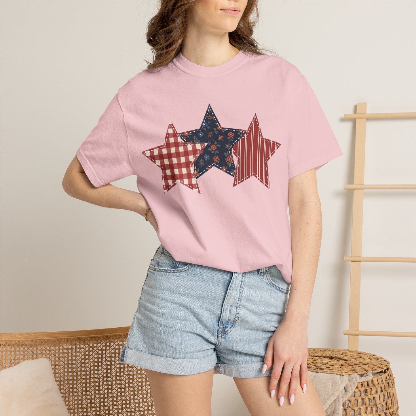 4th of July Patchwork Star T-Shirt for Summer nights • Floral Gingham Red White Blue USA Tee • Patriotic Outfit