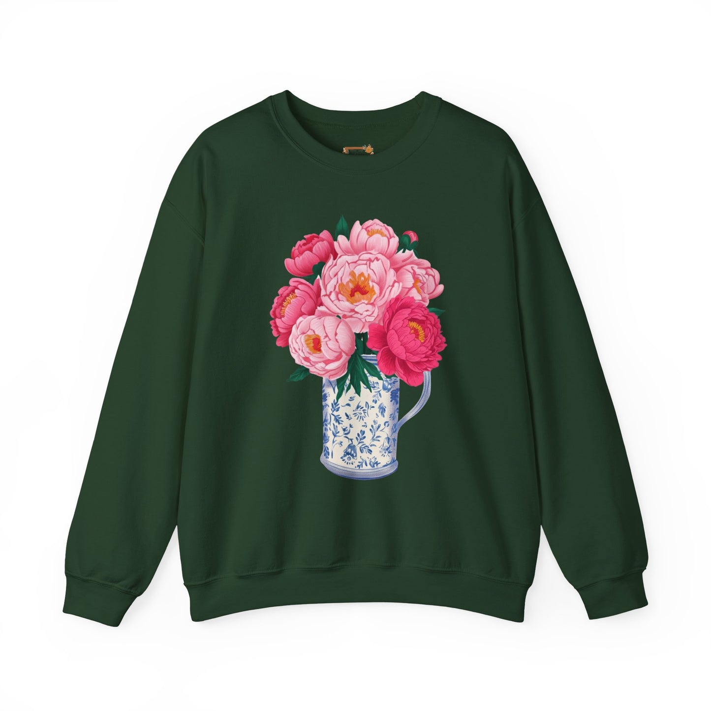 Pink Peonies in Blue Vintage Vase Floral Sweatshirt • Cottagecore Garden Bouquet Crewneck • Botanical Apparel