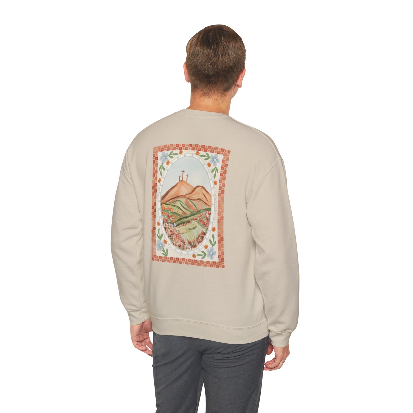 Easter Landscape Faith Sweatshirt (Front & Back) • Christian Mountain Cross Crewneck • Floral Resurrection Scene Graphic