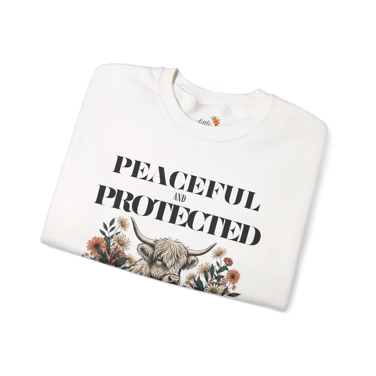 Peaceful and Protected Highland Cow Floral Sweatshirt • Psalm 4:8 Christian Crewneck • Western Cow Faith Graphic