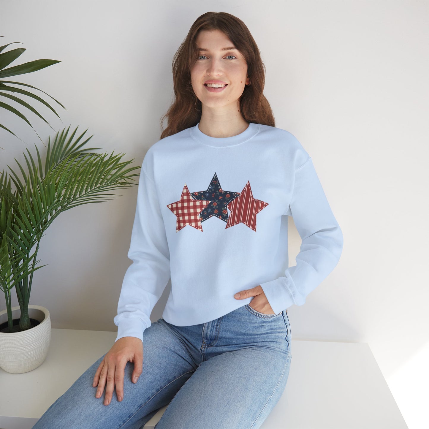 4th of July Patchwork Star Sweatshirt for Summer nights • Floral Gingham Red White Blue USA Crewneck • Patriotic Outfit