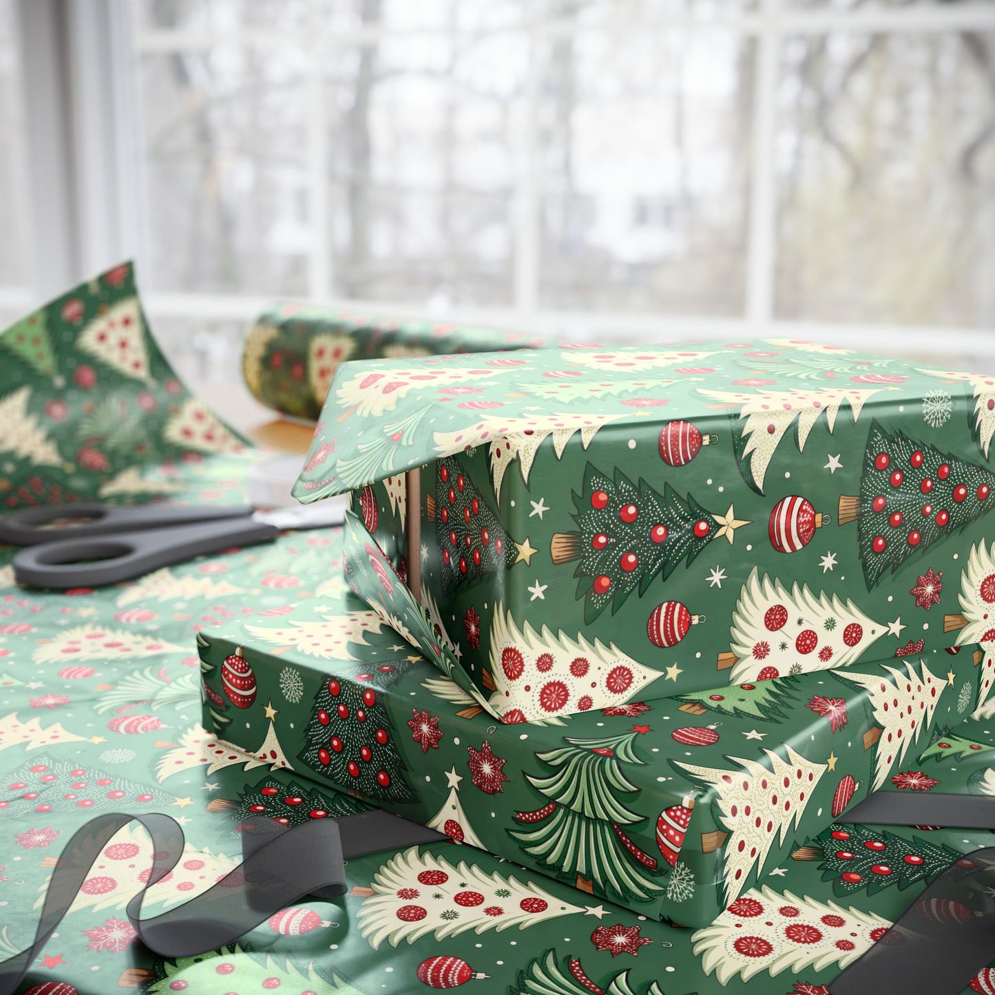 Christmas Tree Wrapping Paper & Blanket | Red Green Holiday Pattern | Festive Ornaments & Snowflakes | Cozy Christmas Gift Wrap & Decor
