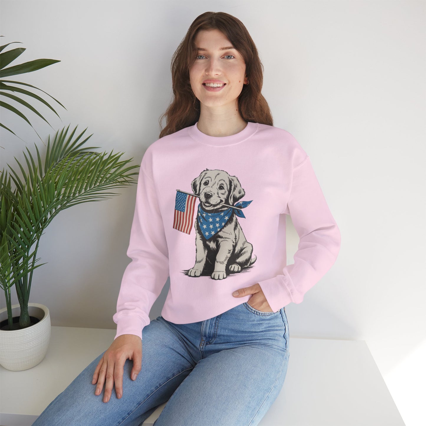 4th of July Patriotic Dog Puppy Crewneck • Americana Dog Lover Graphic sweatshirt • Red White Blue Flag
