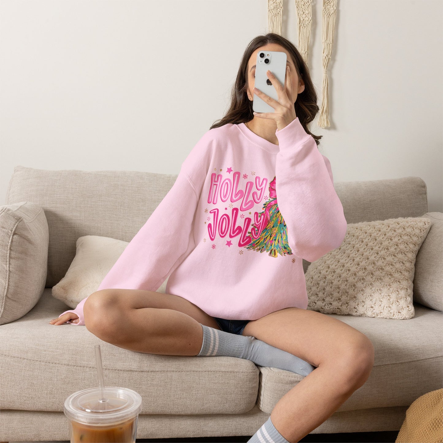 Holly Jolly Pink Christmas Tree Crewneck Sweatshirt
