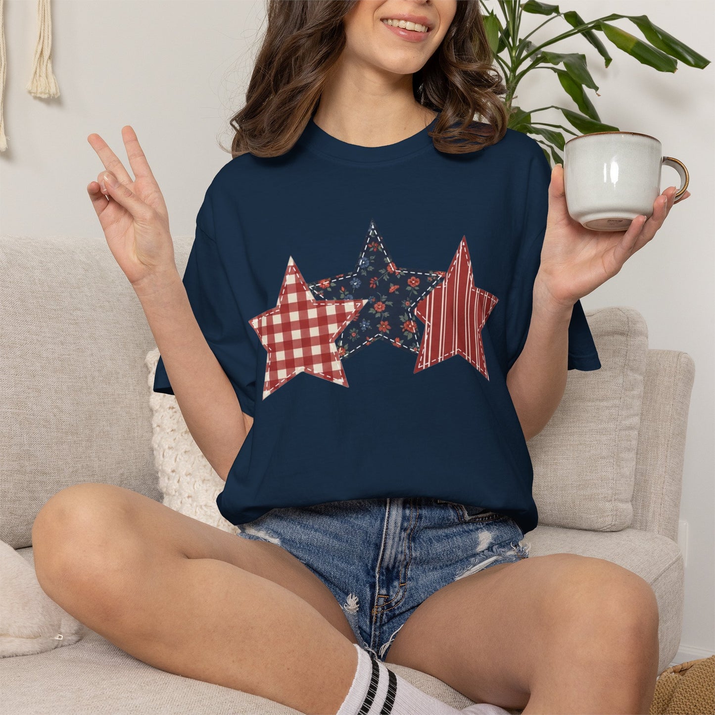4th of July Patchwork Star T-Shirt for Summer nights • Floral Gingham Red White Blue USA Tee • Patriotic Outfit