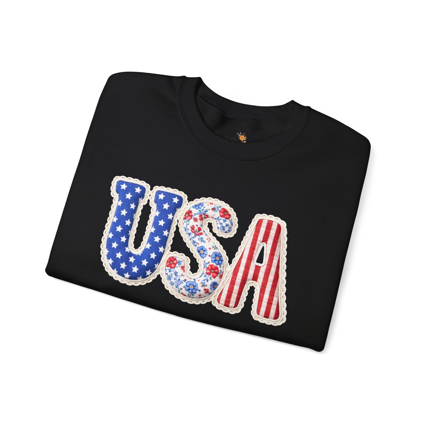 Floral Patchwork USA Crewneck • Preppy Patriotic Sweatshirt • Vintage Americana Gingham Sweatshirt • Cozy Summer Mom Outfit