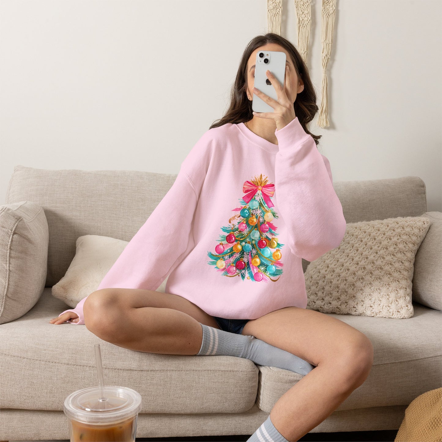 Preppy Pastel Christmas OrnamentTree Crewneck Sweatshirt — Pastel Ornament Holiday Sweatshirt