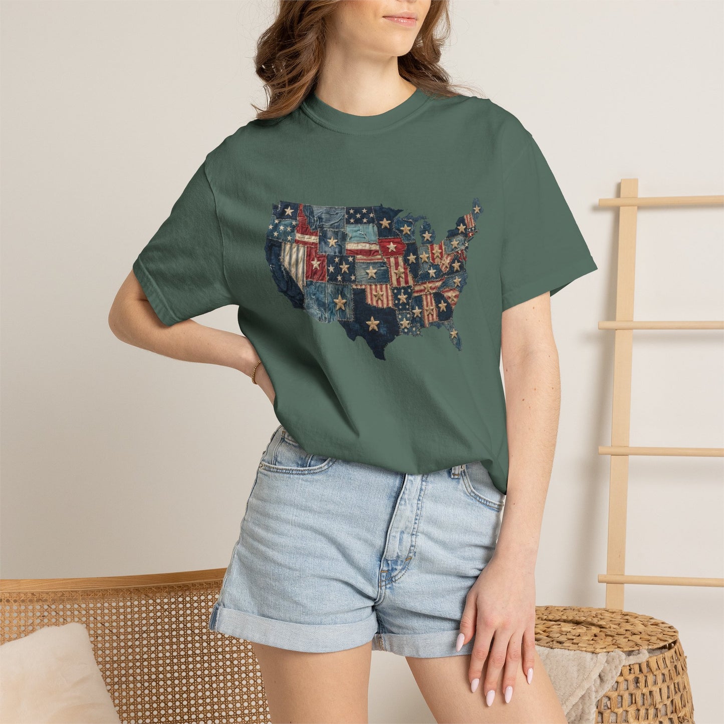 Denim American Flag T-Shirt • USA Patchwork Map Tee • Patriotic Vintage Stars Graphic Shirt