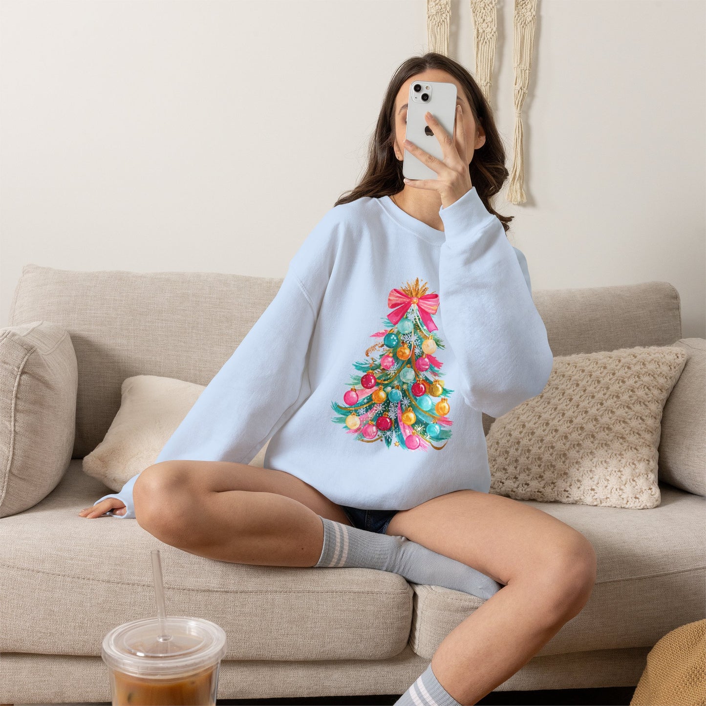 Preppy Pastel Christmas OrnamentTree Crewneck Sweatshirt — Pastel Ornament Holiday Sweatshirt