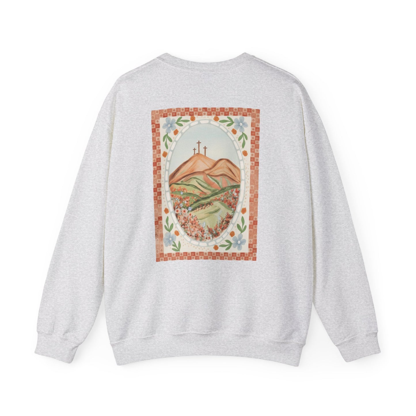 Easter Landscape Faith Sweatshirt (Front & Back) • Christian Mountain Cross Crewneck • Floral Resurrection Scene Graphic