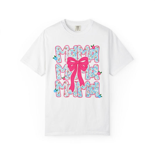 Hydrangea Mama Floral Bow T-Shirt — Cute Mom Graphic Tee for Mother’s Day