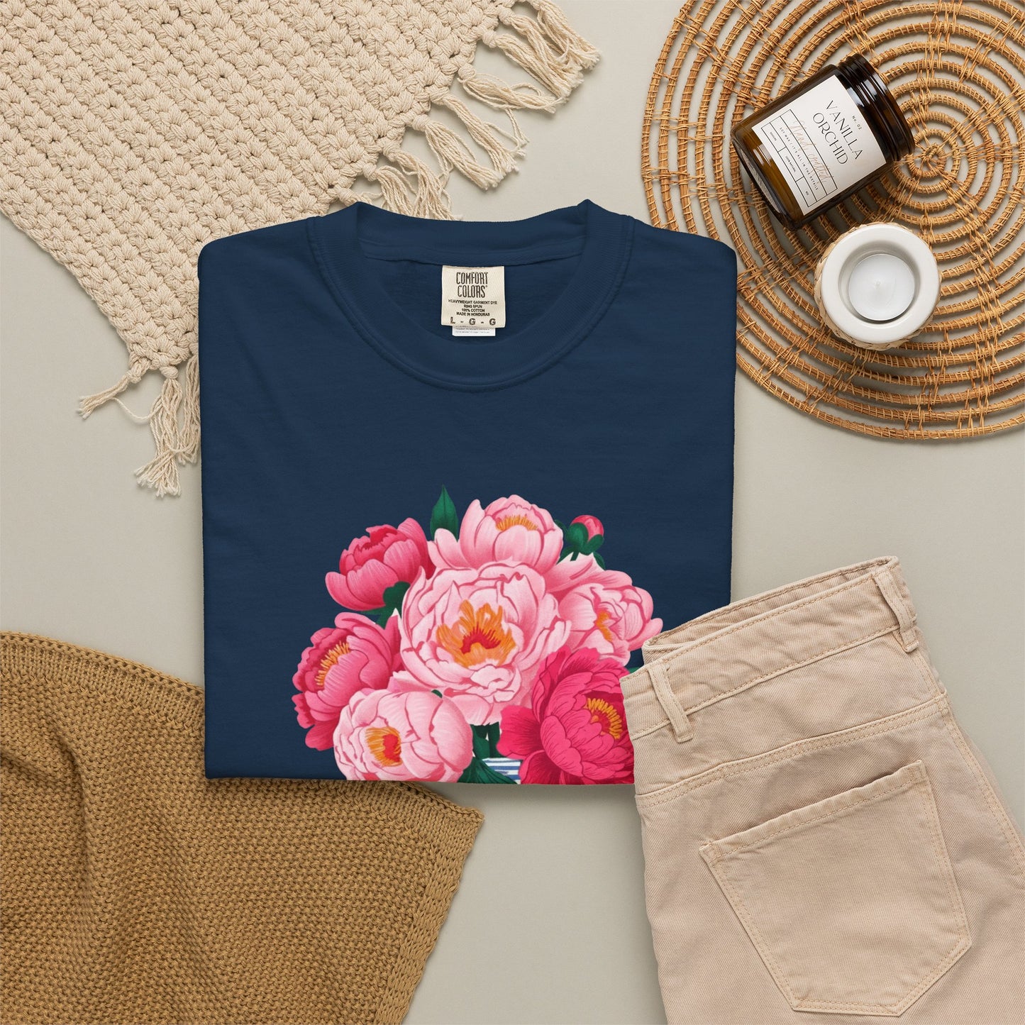 Peony Bouquet T-Shirt — Pink Peony in Vintage White & Blue Floral Vase
