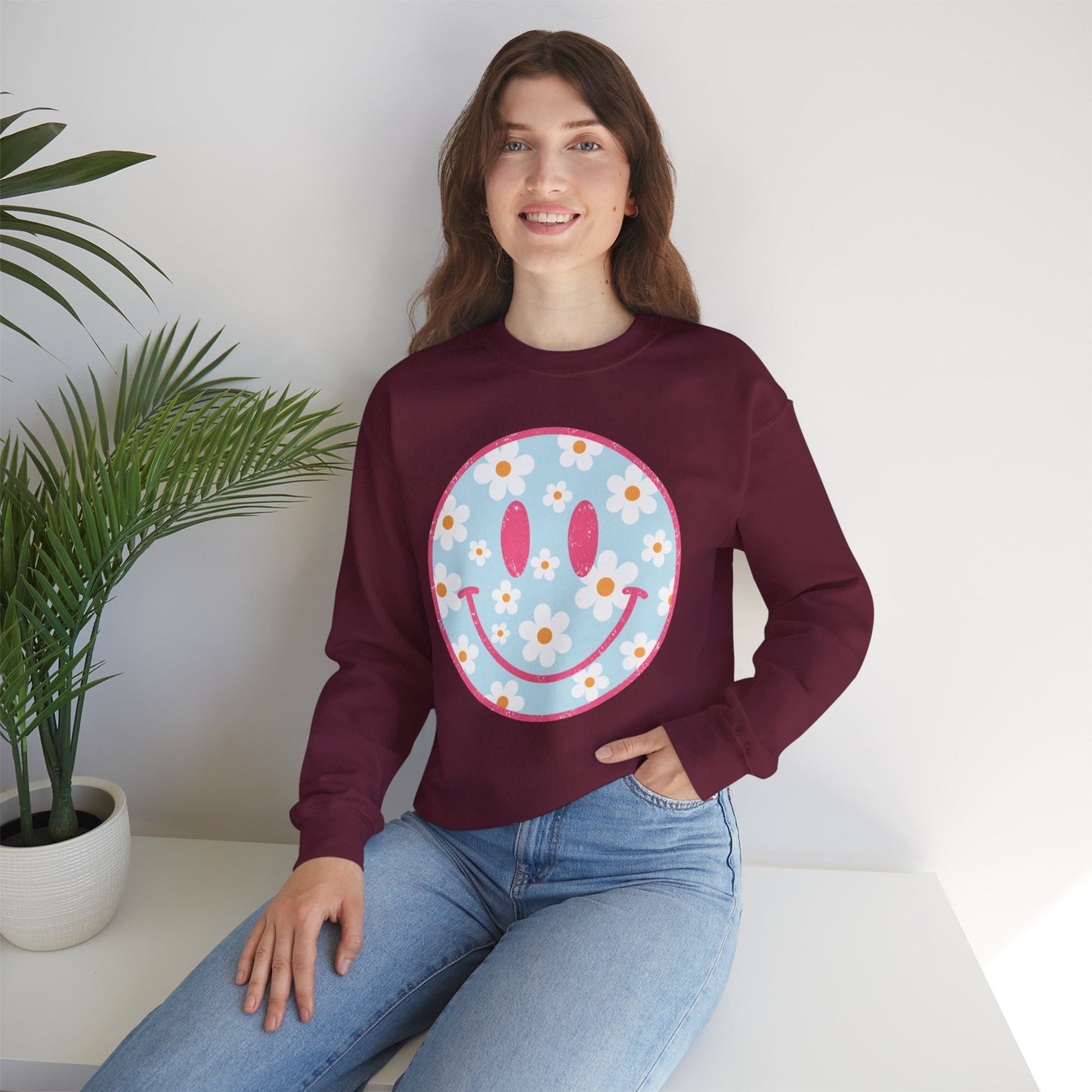 Retro Daisy Smile Sweatshirt • Floral Happy Face Crewneck • Cute Mama Cozy Sweatshirt