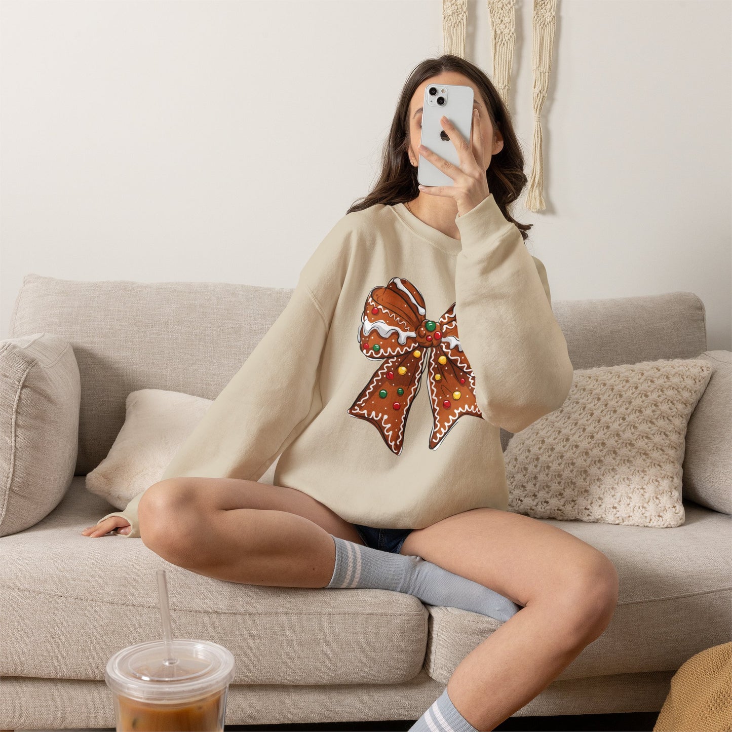 Gingerbread Bow Crewneck Sweatshirt — Holiday Christmas Cookie Graphic