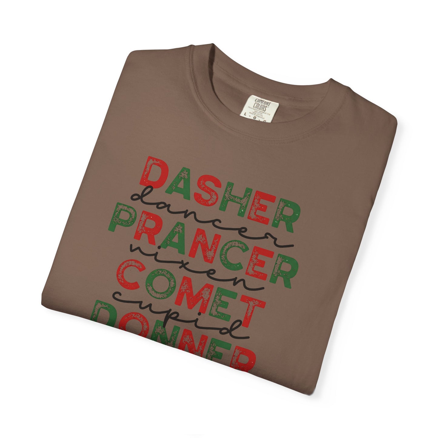 Reindeer Names Christmas T-Shirt — Dasher, Dancer, Prancer, Vixen, Comet, Cupid, Donner, Rudolph