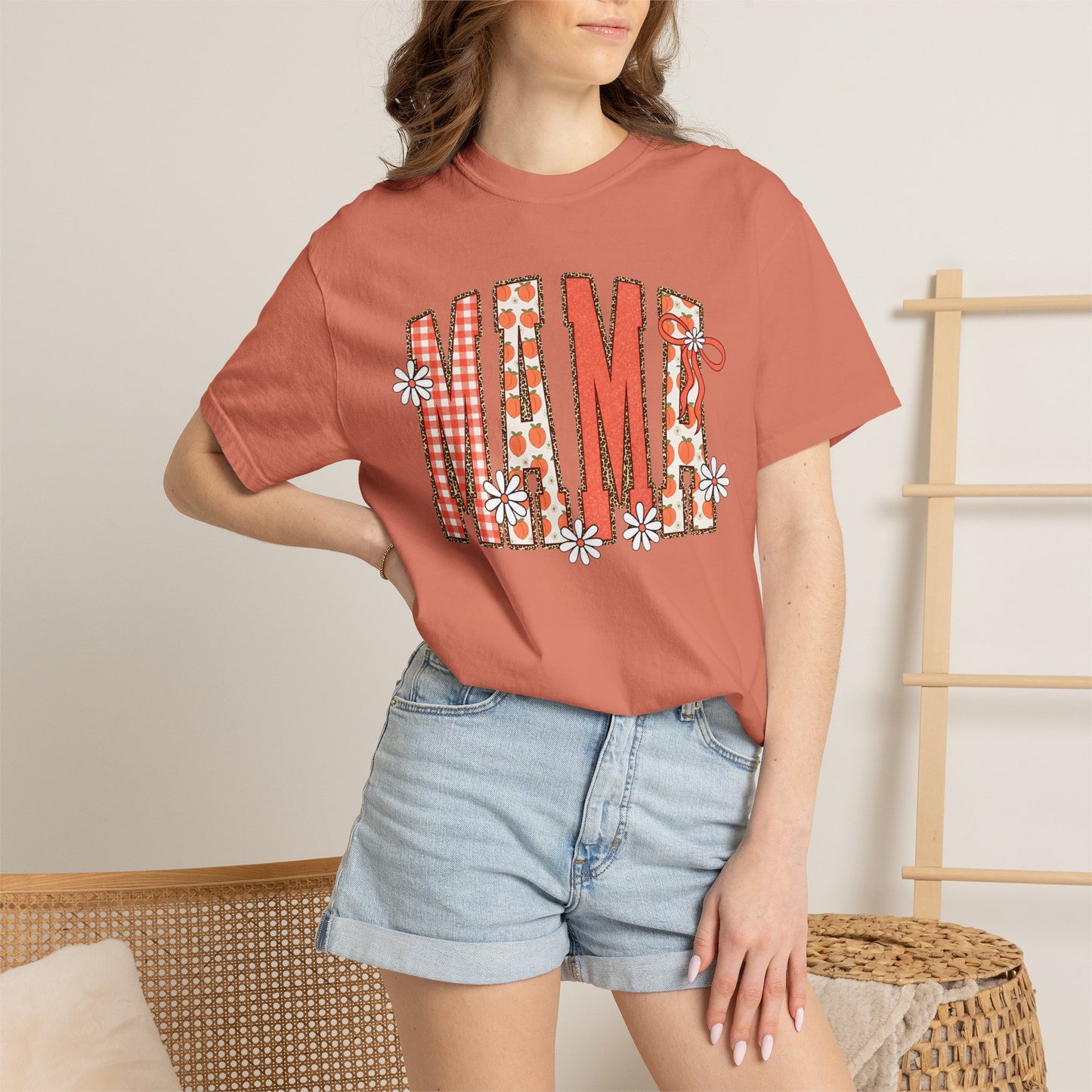 Daisy Peach MAMA Floral Shirt • Spring Graphic Tee • Peach Gingham Mom Shirt • Feminine Boutique Everyday Outfit