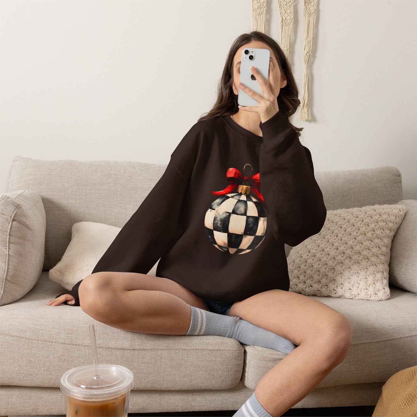 Checkerboard Ornament Crewneck Sweatshirt — Vintage Black & White Holiday Pullover