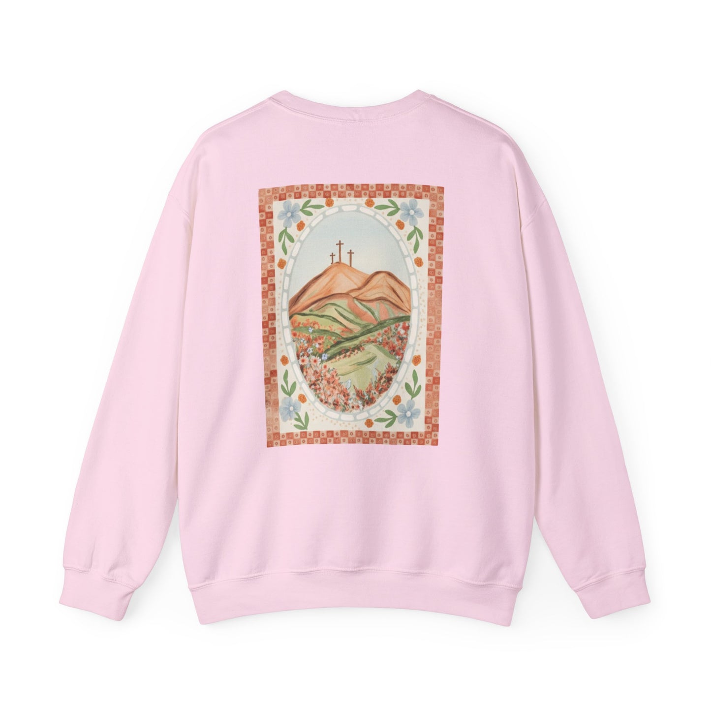 Easter Landscape Faith Sweatshirt (Front & Back) • Christian Mountain Cross Crewneck • Floral Resurrection Scene Graphic