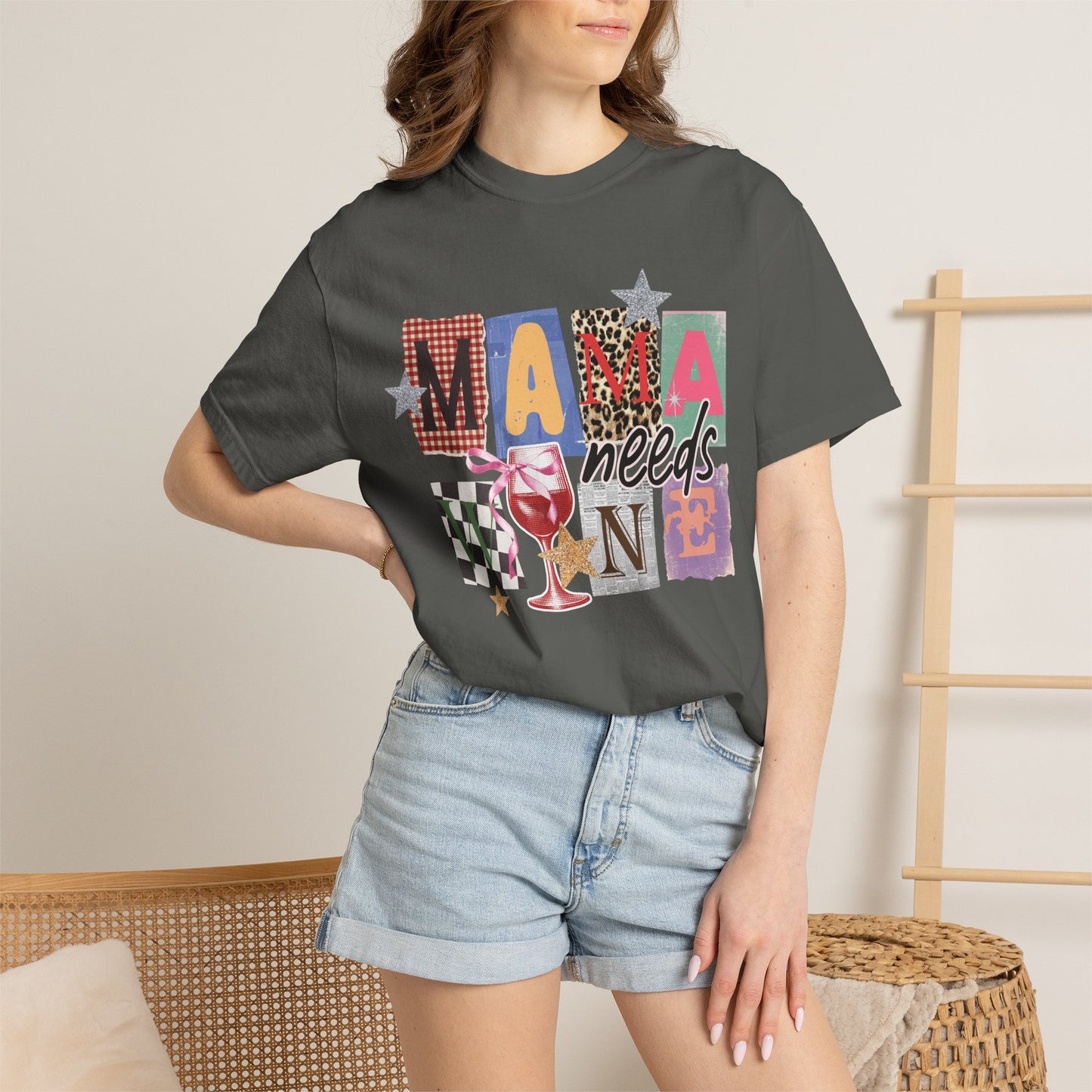 Mama Needs Wine Graphic Tee • Funny Mom Shirt Women • Trendy Patchwork Mixed Print Leopard Gingham Tee • Mom Life Shirt