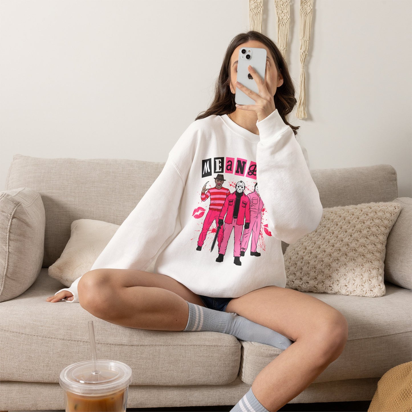 Mean Boys Crewneck Sweatshirt — Retro Pink Graphic Pullover