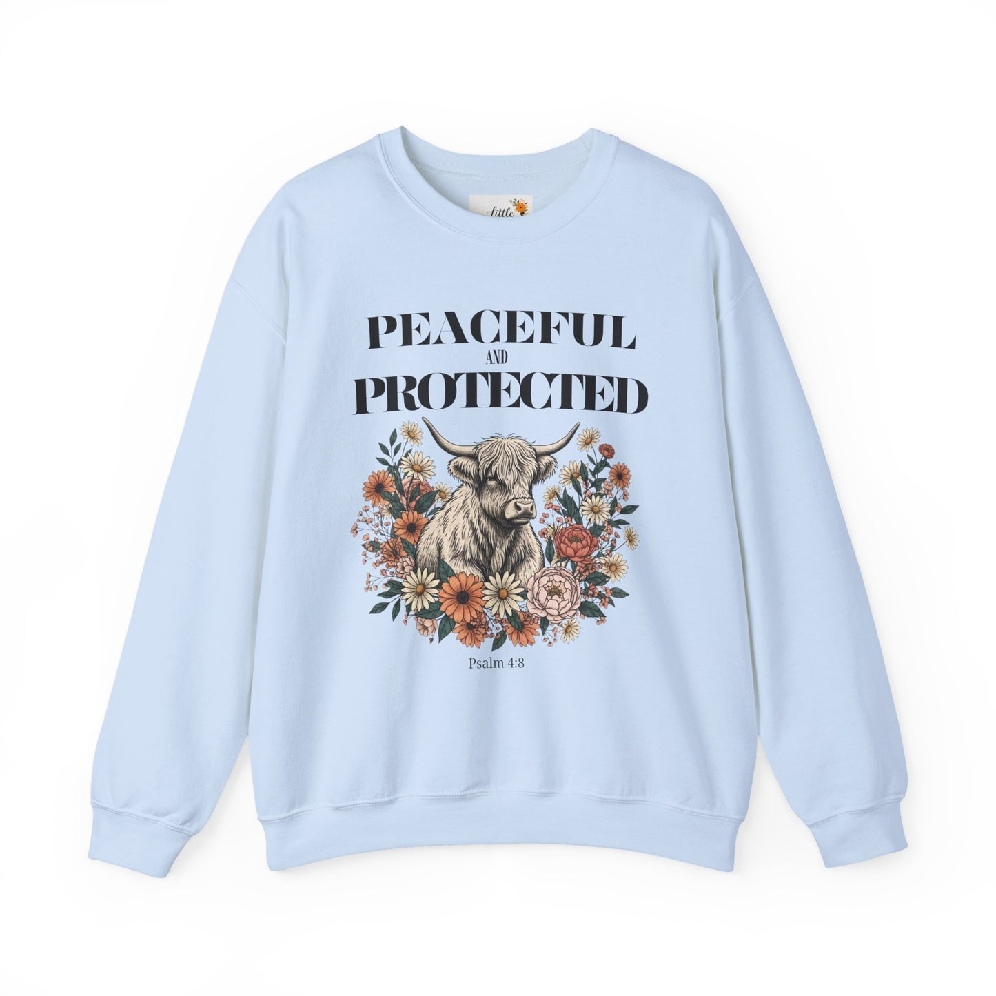 Peaceful and Protected Highland Cow Floral Sweatshirt • Psalm 4:8 Christian Crewneck • Western Cow Faith Graphic