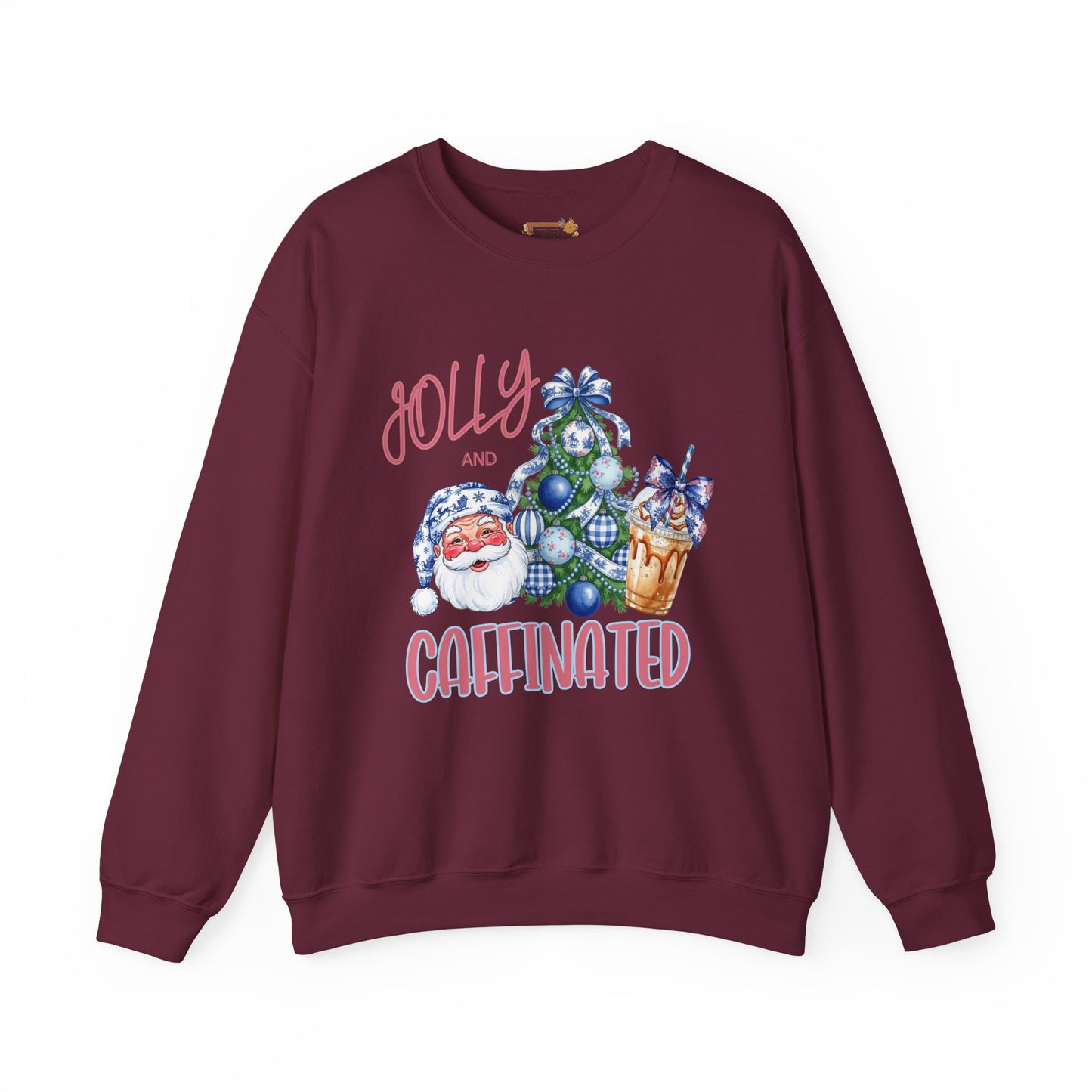 Jolly and Caffeinated Sweatshirt - Cozy Holiday Crewneck for Christmas, Winter, Gift, Festive Wear, Comfy Apparel