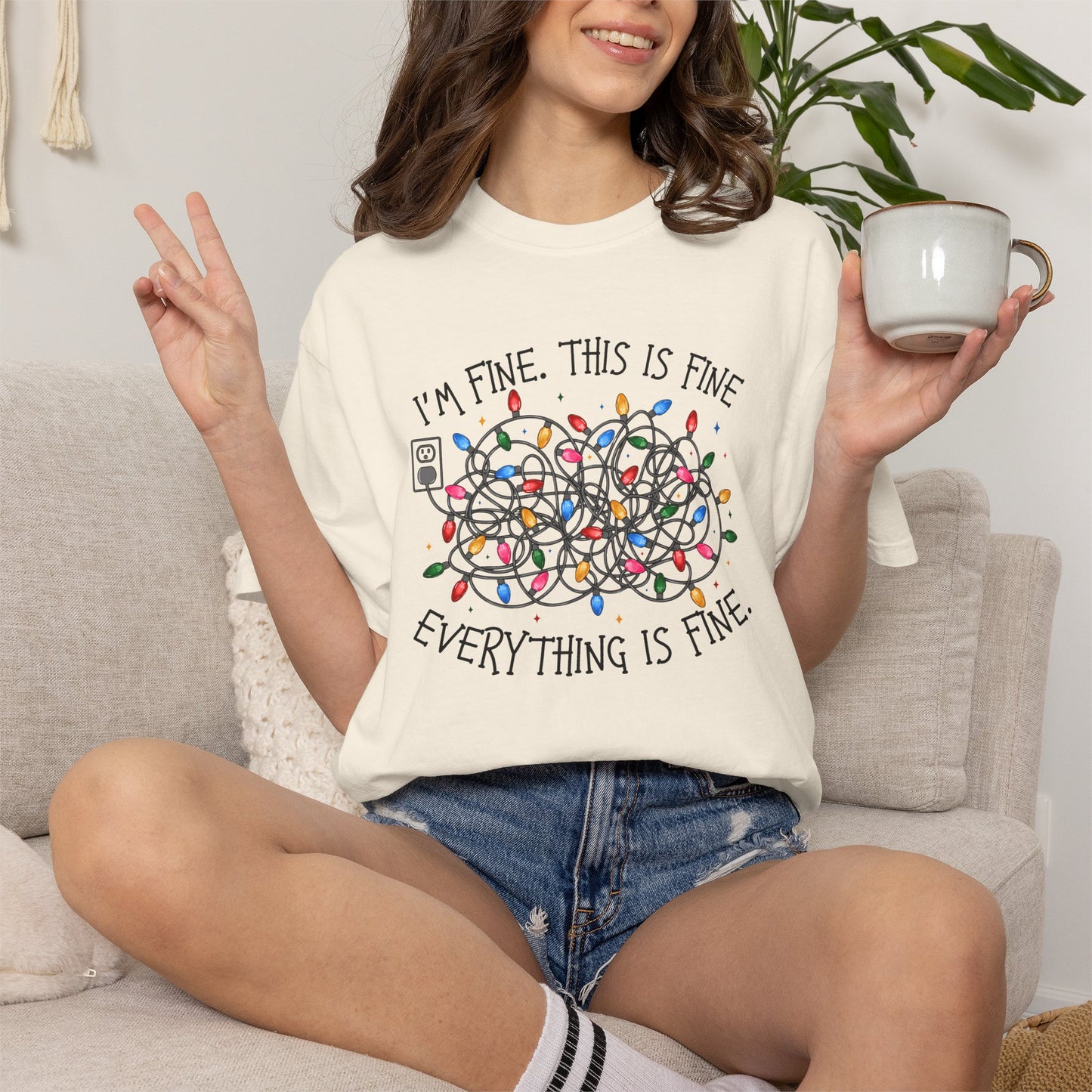 “I’m Fine, This Is Fine” tshirtTangled Holiday Lights Graphic