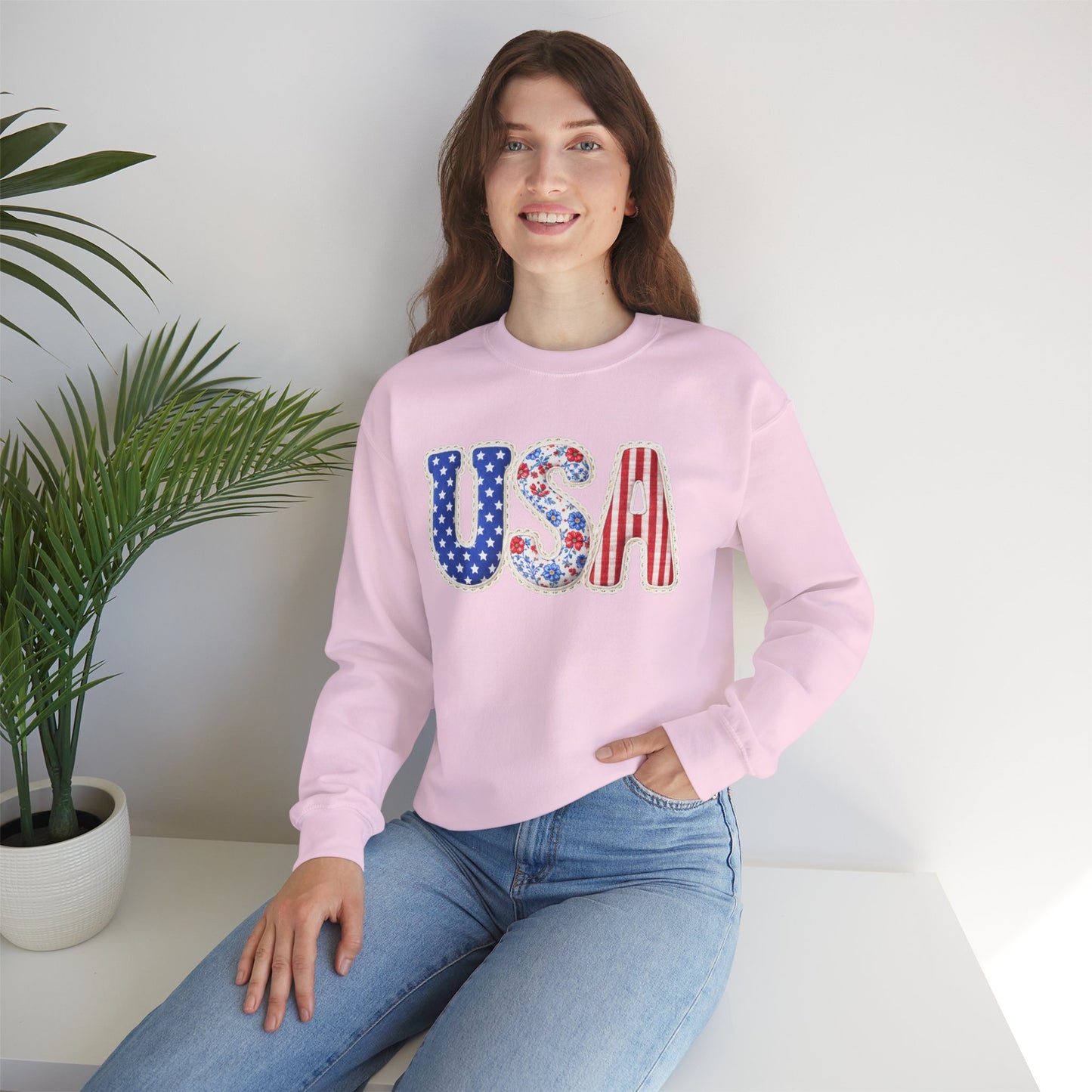 Floral Patchwork USA Crewneck • Preppy Patriotic Sweatshirt • Vintage Americana Gingham Sweatshirt • Cozy Summer Mom Outfit