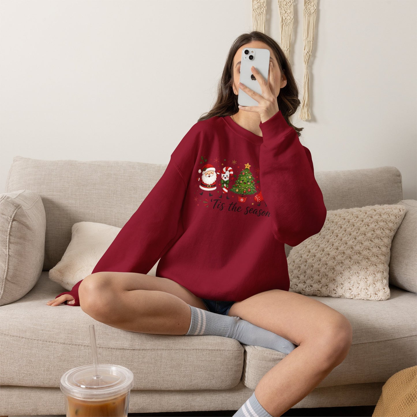 Christmas Crewneck Sweatshirt - 'Tis the Season' Holiday Sweatshirt with Santa & Tree Design