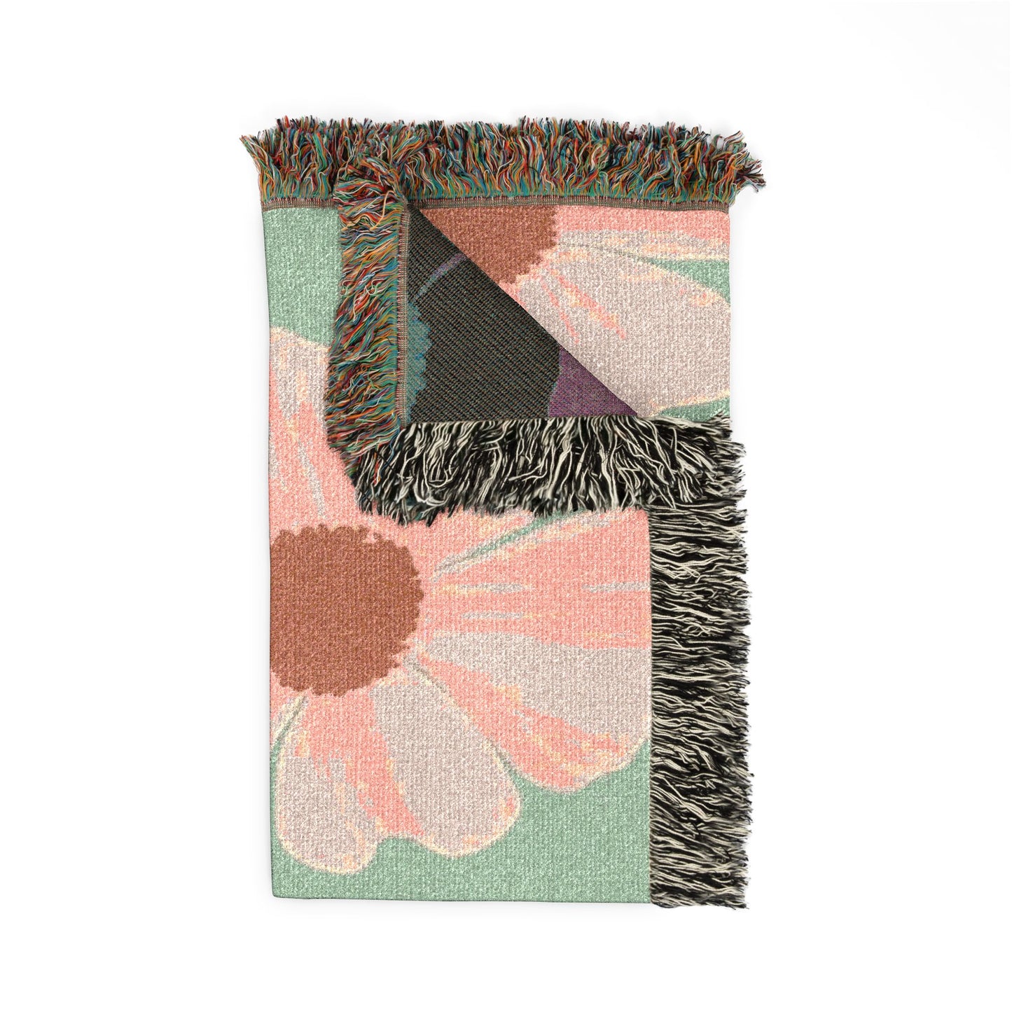 Vintage Retro Floral Woven Blanket — Pink Flowers on Green Background, Cozy Throw for Bedroom & Living Room