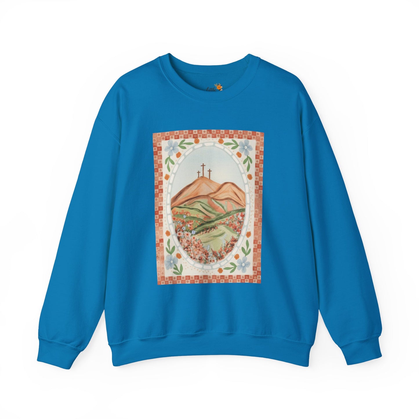 Easter Landscape Faith Sweatshirt (Front Only) • Christian Mountain Cross Crewneck • Floral Resurrection Scene Graphic