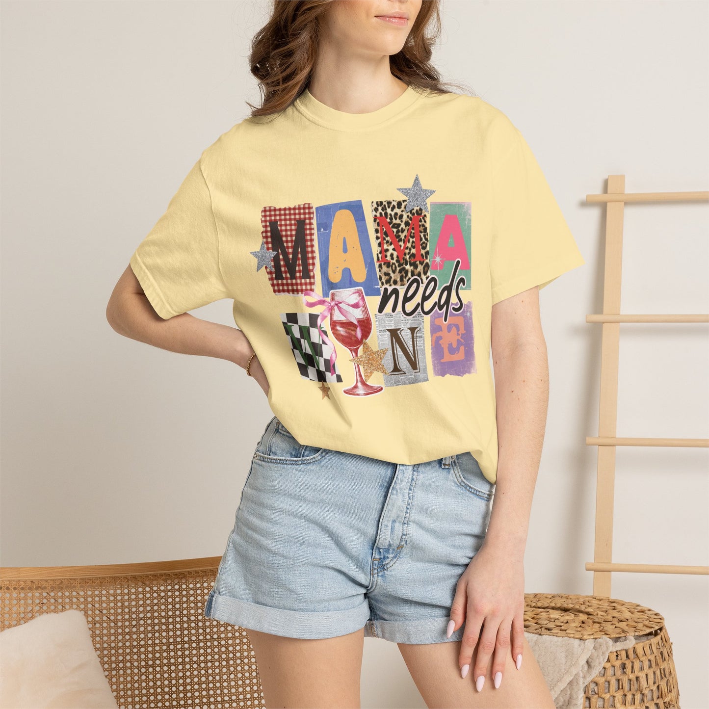 Mama Needs Wine Graphic Tee • Funny Mom Shirt Women • Trendy Patchwork Mixed Print Leopard Gingham Tee • Mom Life Shirt