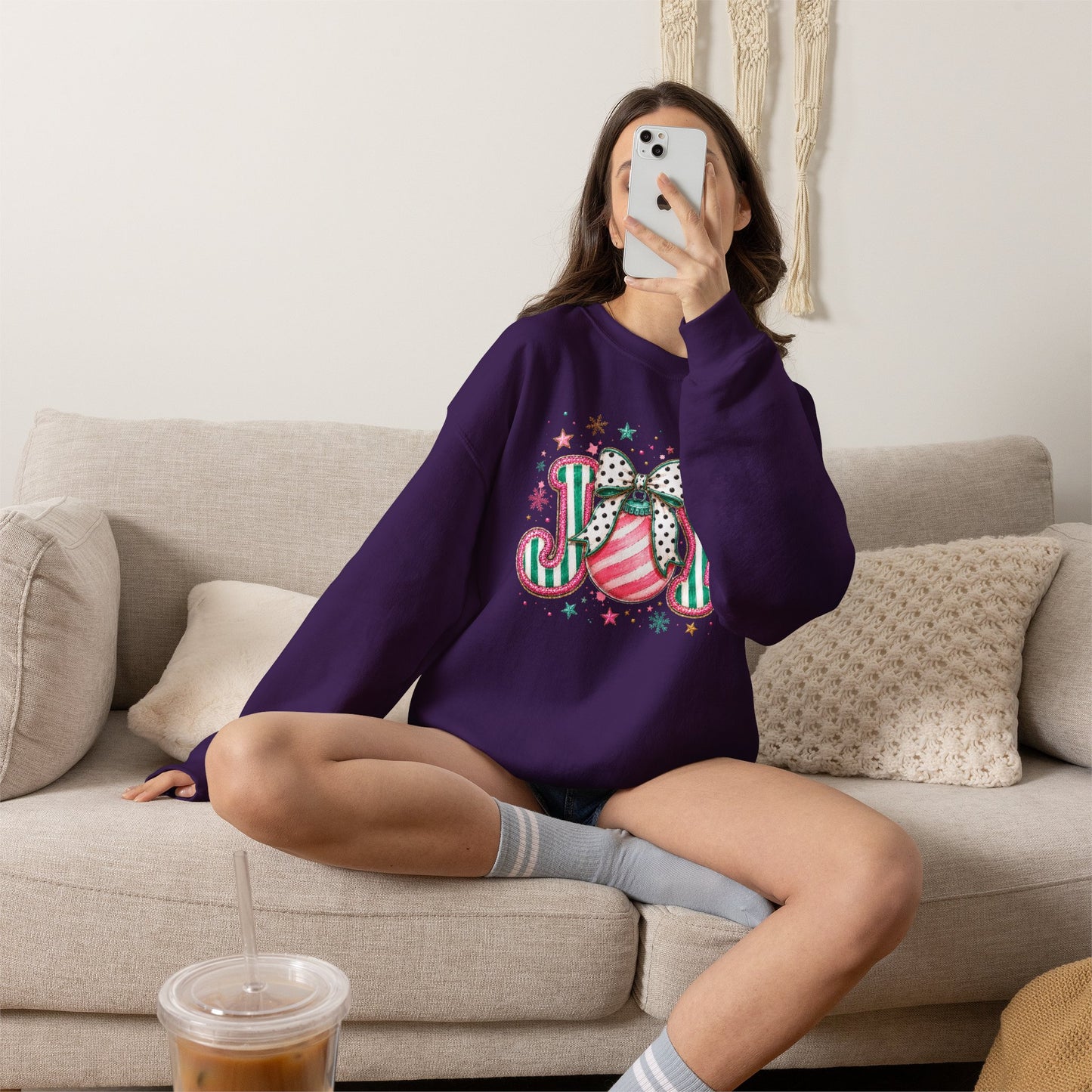 Joy Ornament Crewneck Sweatshirt – Pink & Green Holiday Joy Graphic