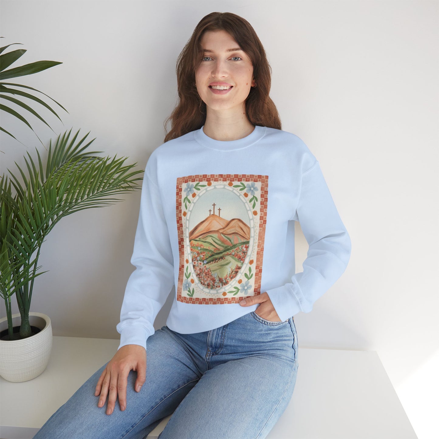 Easter Landscape Faith Sweatshirt (Front Only) • Christian Mountain Cross Crewneck • Floral Resurrection Scene Graphic