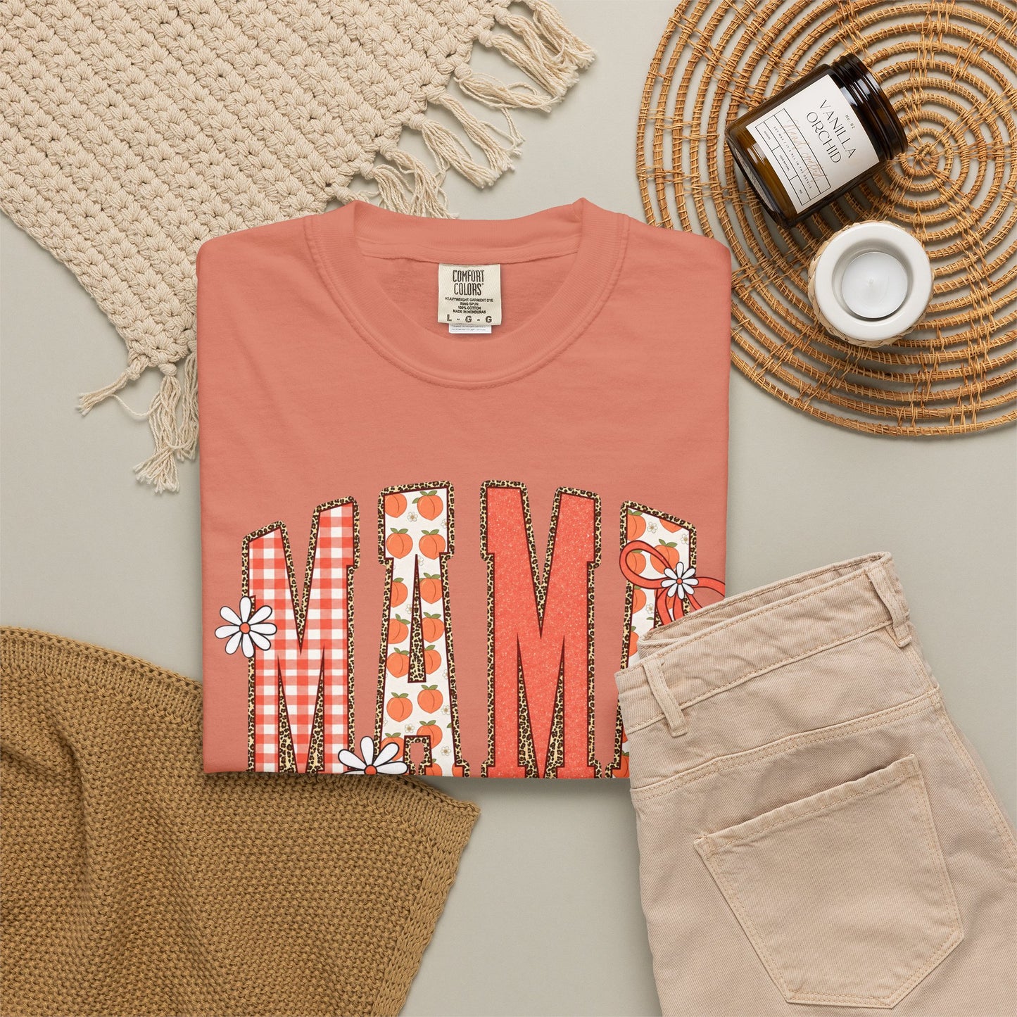 Daisy Peach MAMA Floral Shirt • Spring Graphic Tee • Peach Gingham Mom Shirt • Feminine Boutique Everyday Outfit
