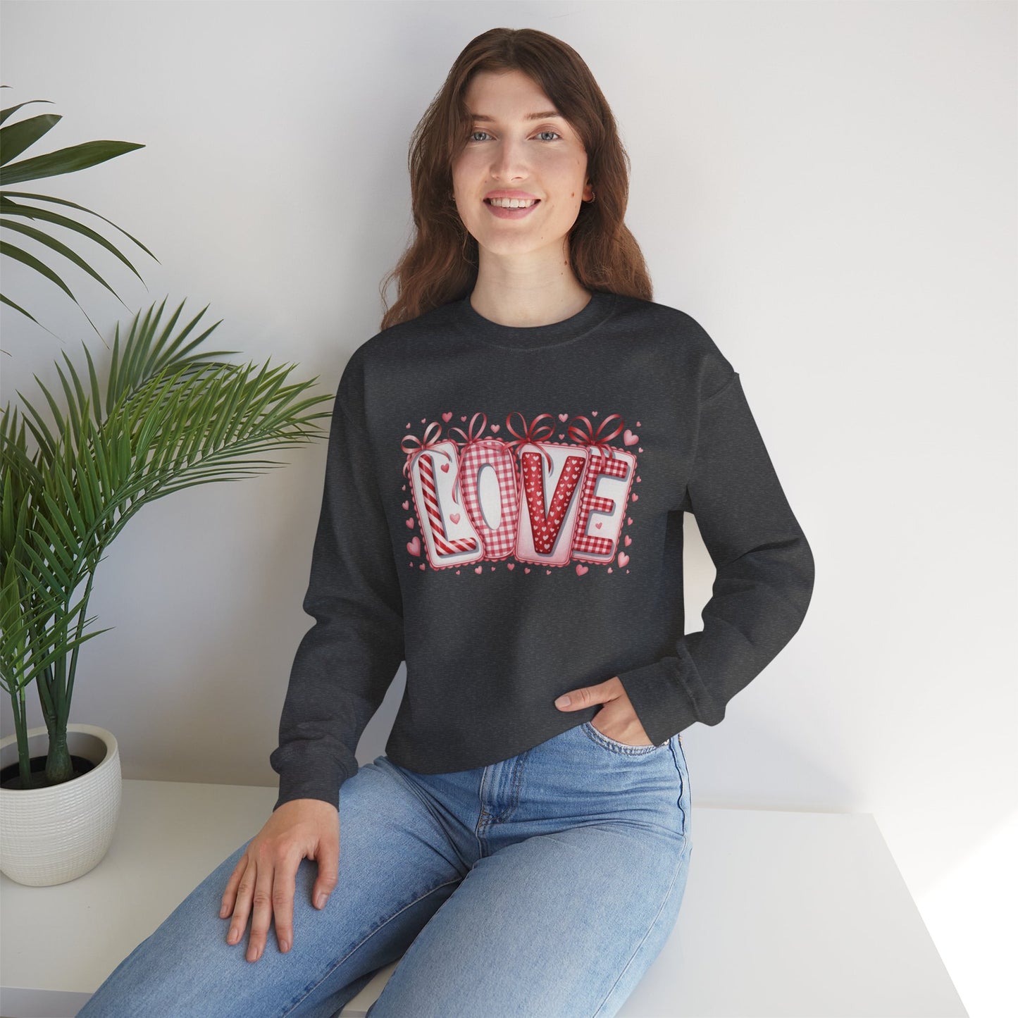 Valentine LOVE Sweatshirt with Coquette Bows and Patchwork Letters • Girly Romantic Aesthetic
