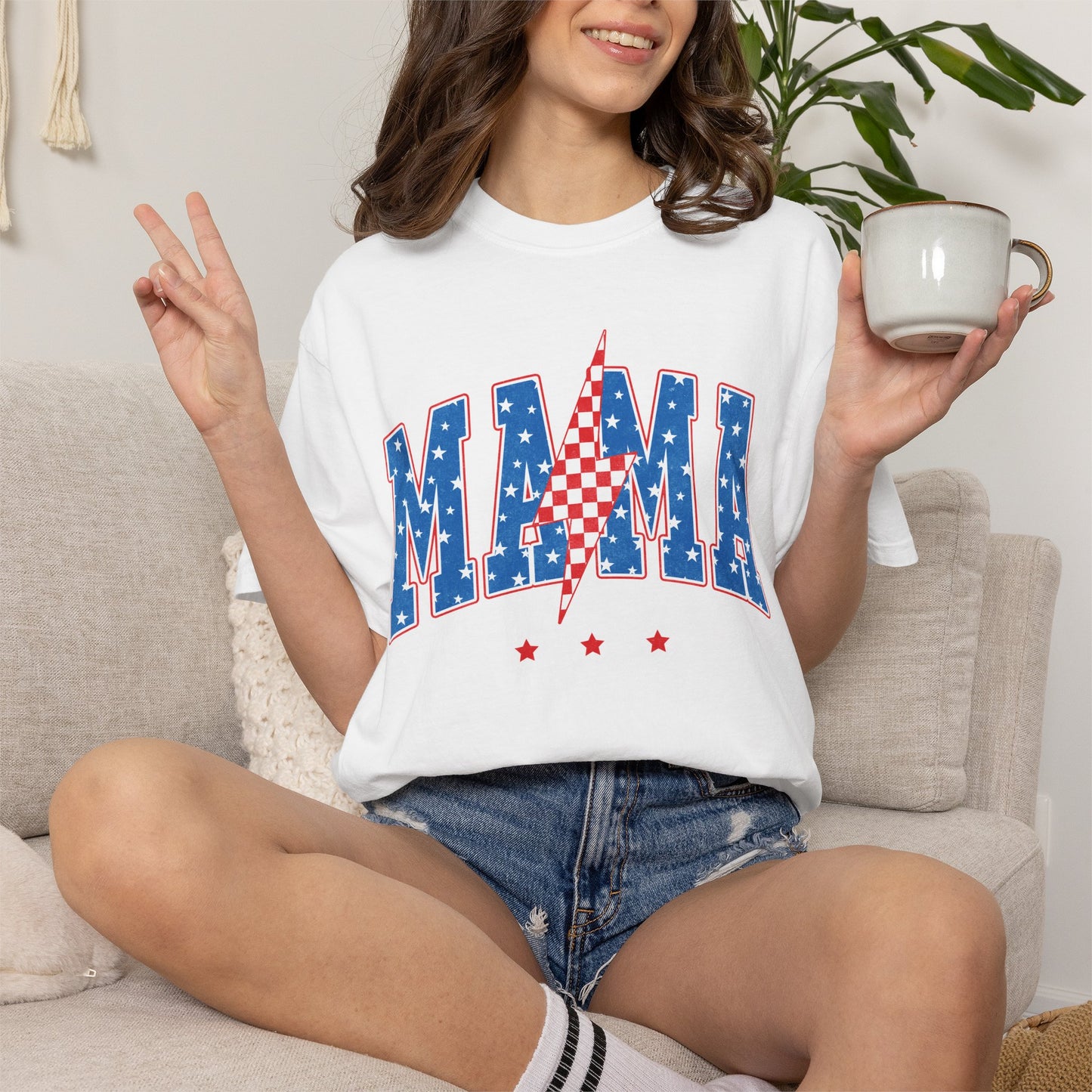 Patriotic MAMA Shirt • Lightning Bolt Mama Tee • Red White Blue Americana Graphic