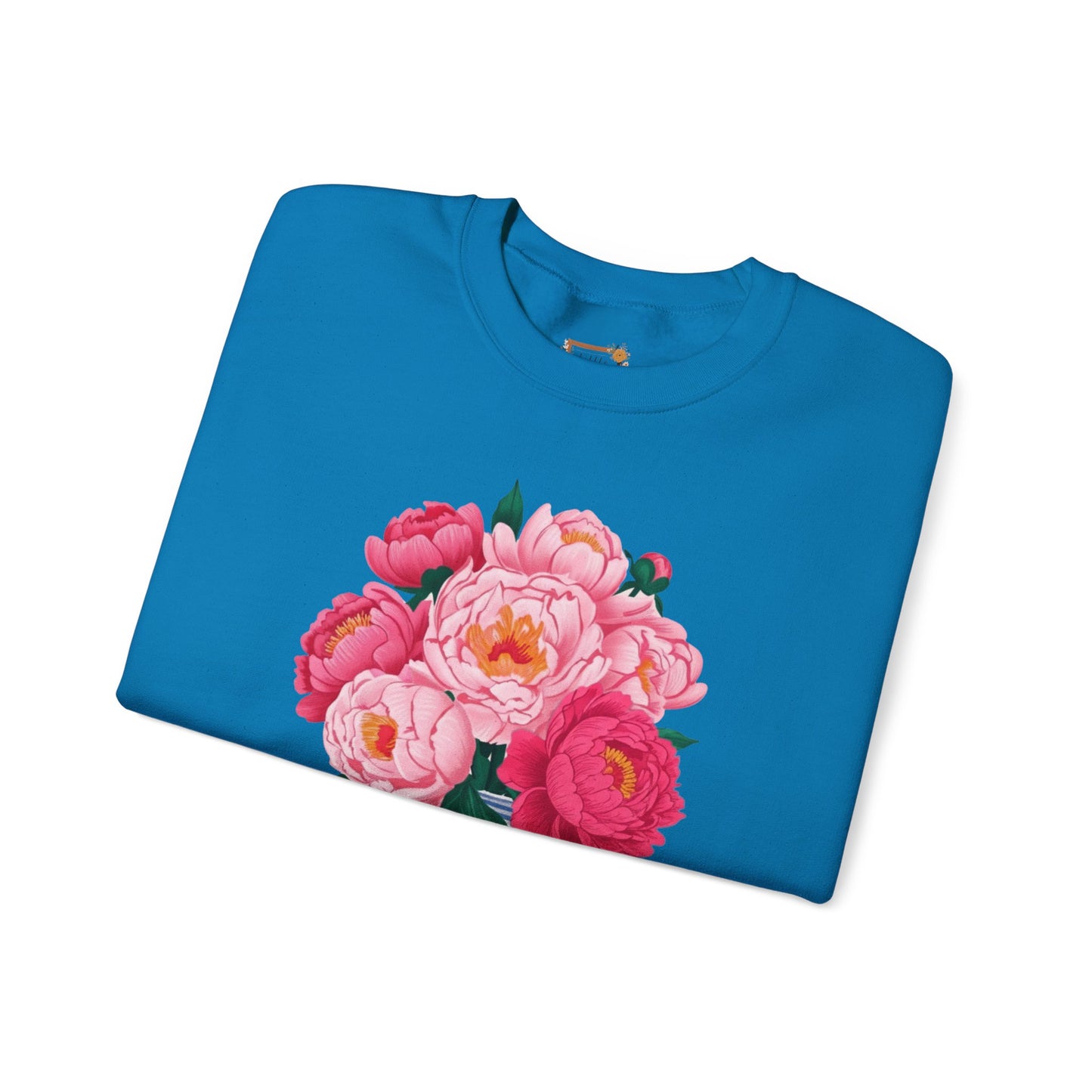 Pink Peonies in Blue Vintage Vase Floral Sweatshirt • Cottagecore Garden Bouquet Crewneck • Botanical Apparel
