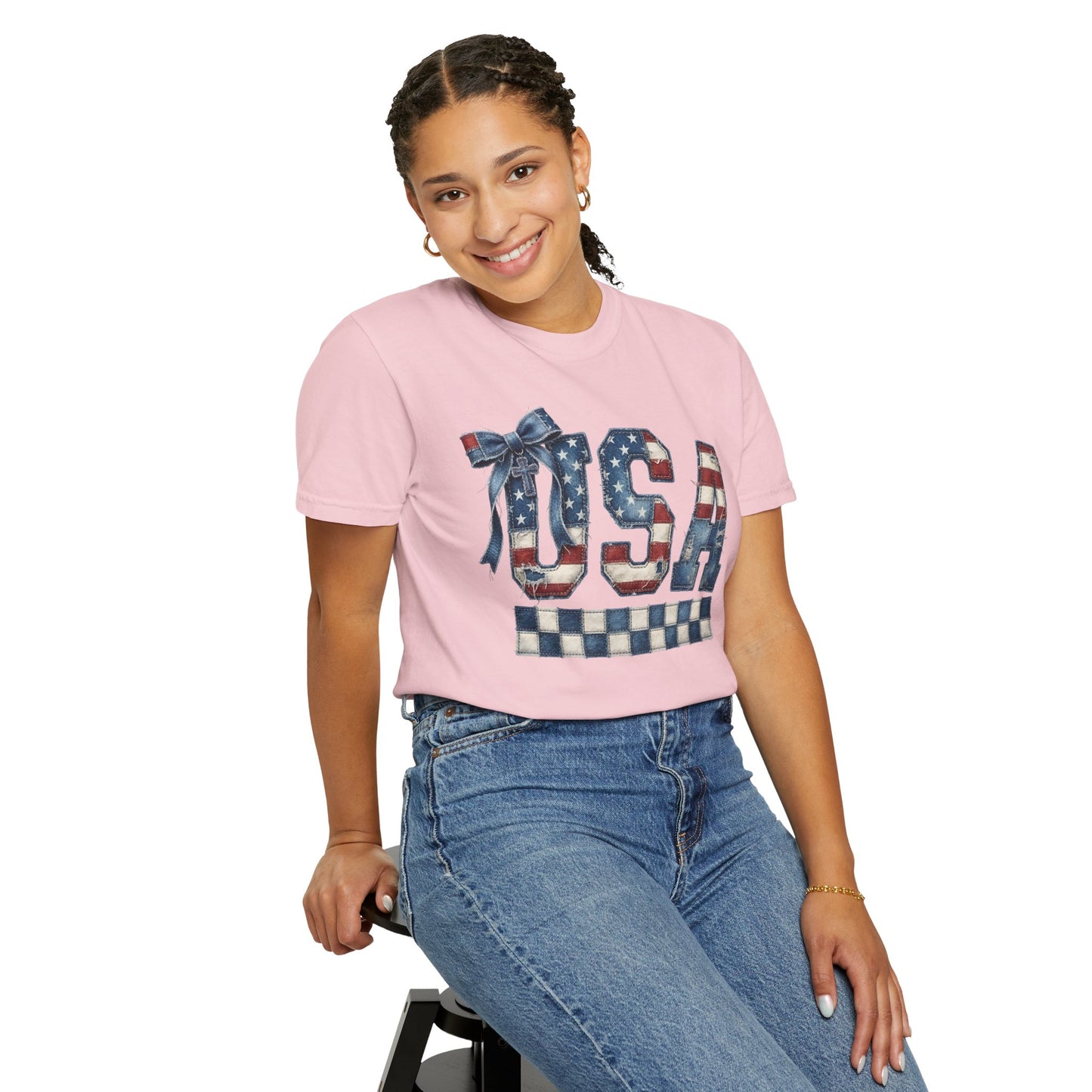 USA Patchwork Denim T-Shirt • Red White Blue Coquette Bow Tee • Americana Graphic Shirt